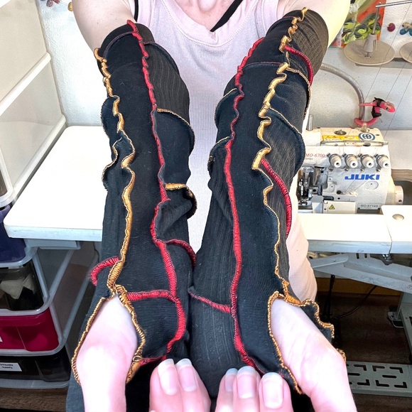 Mummy Bandage Fingerless Gloves Black Upcycled Arm Warmers Red Zombie Gothic Y2k - Picture 1 of 10